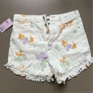 Denim shorts. High rise. White with tie dye. Size 2/26